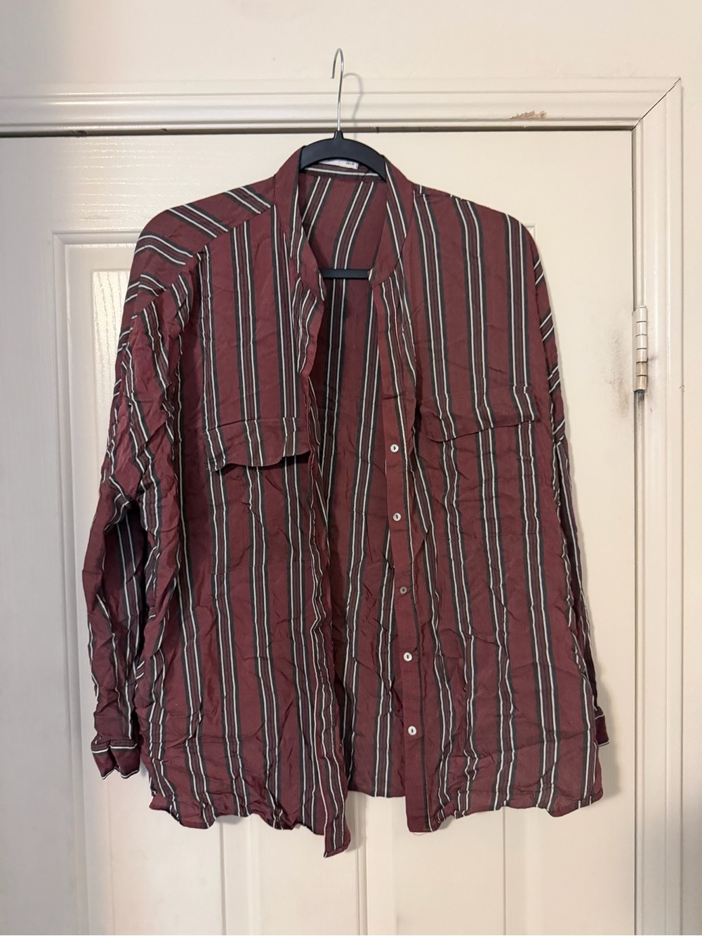 Mango Maroon Vertical-Stripe Lightweight Shirt Jacket